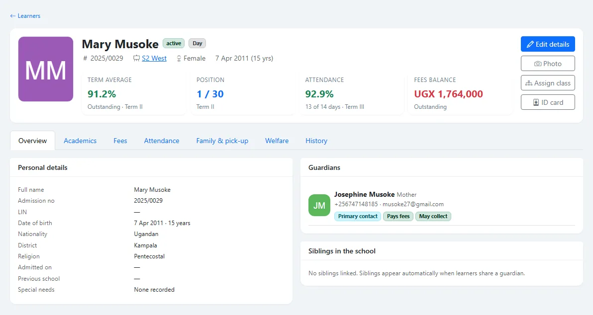 A learner's profile in EduManage showing term average, class position, attendance and fees balance, with tabs for academics, fees, attendance and family.