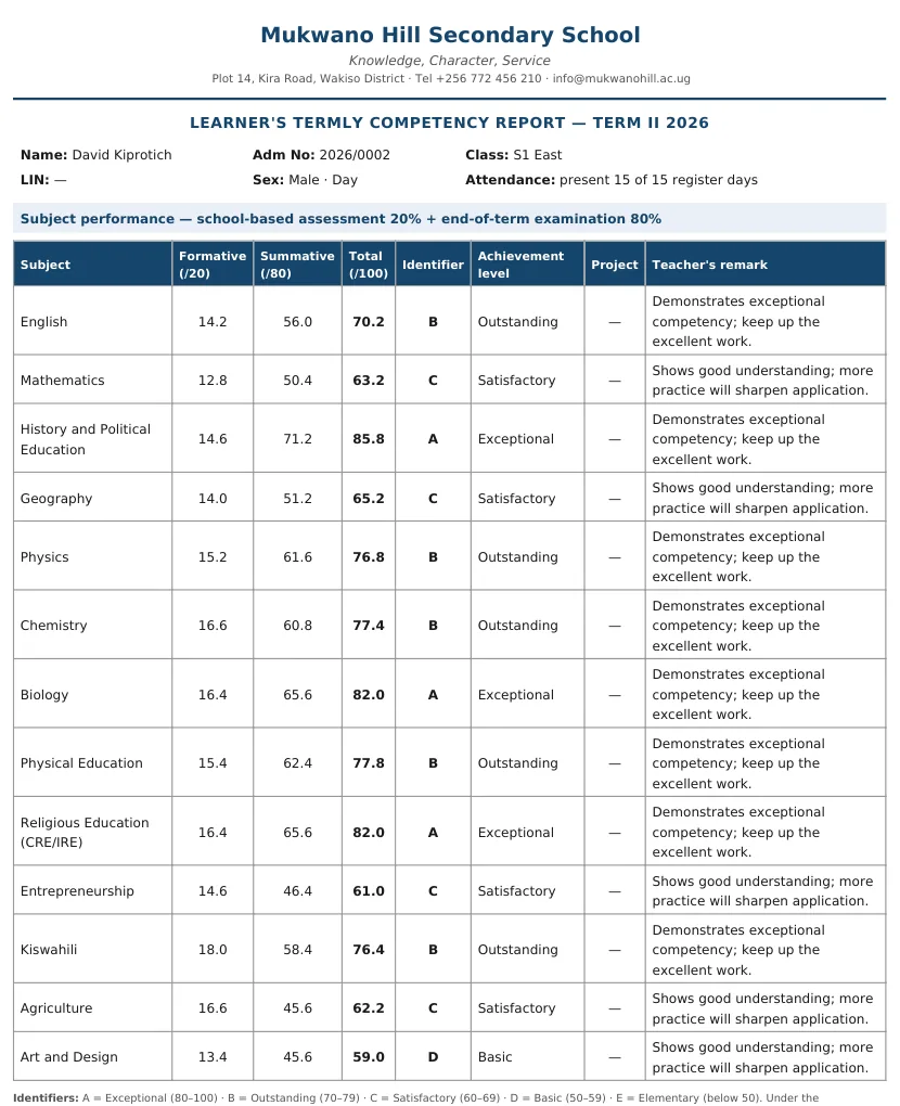 A printed EduManage report card for an S1 learner with formative and summative marks, identifiers, achievement levels and teacher remarks for each subject.